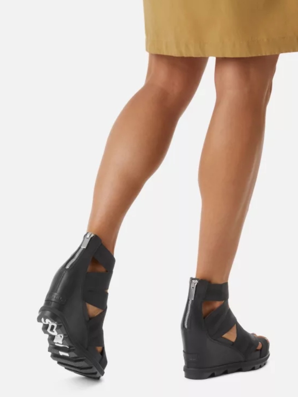 SOREL Joanie II Black Platform Wedge Ankle Strap Rear Zip Sandal 8